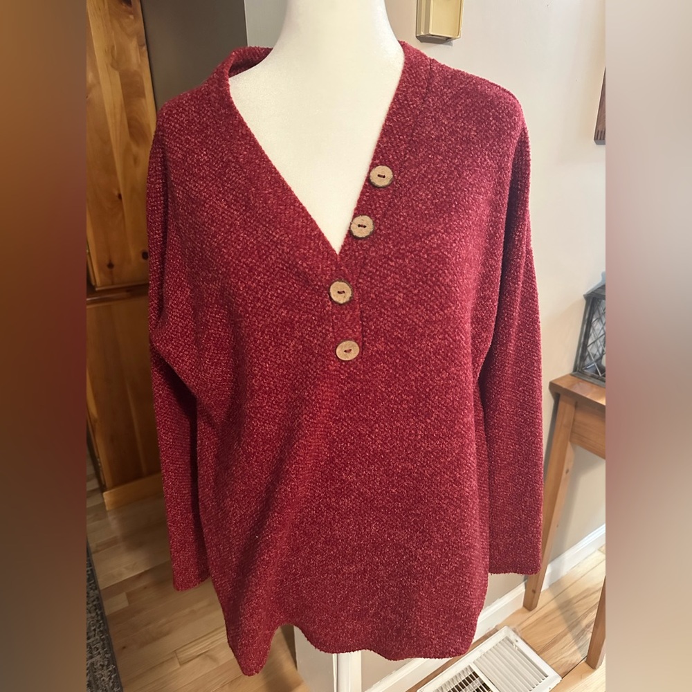 White Birch Casual V-Neck Sweater with Button Accents